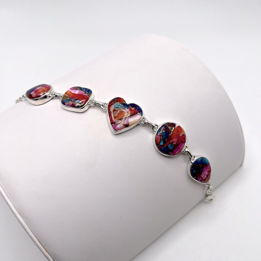 Pink Oyster Turquoise .925 Sterling Silver Bracelet - Picture 7 of 17